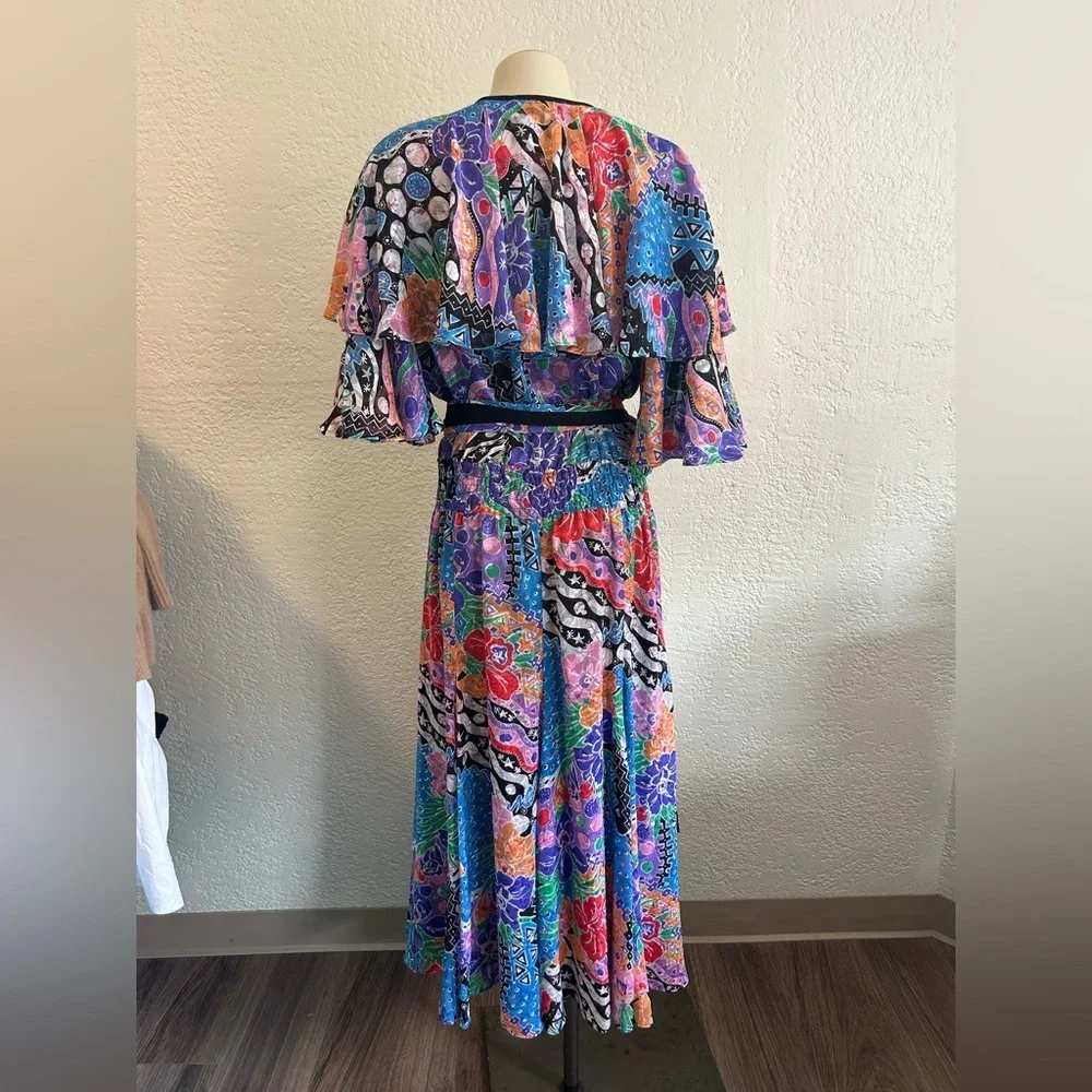 Diane Fres vtg Elegant Pink Blue Flutter Sleeves maxi dress SZ M/L ? As is